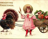 Thanksgiving Greetings Turkey Pulling Cart Embossed Vtg Postcard 1910s UNP - $9.76