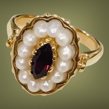 Vintage Avon Pearl Red Rhinestone Gold Tone Statement Ring Size 8.25 Exc... - $34.99