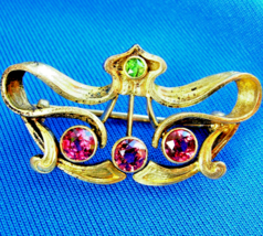 Art Deco Red Spinel Demantoid Garnet Nouveau Brooch Solid 14k Gold Antique Pin - £2,729.70 GBP