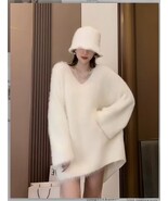 Fuzzy Long Sleeve Soft White Mohair V Neck Extra Long Woolen Pull Over Sweater 