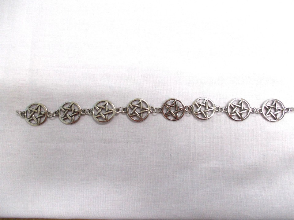 OCCULT PENTAGRAM INVERTED LINK CHAIN CAST PEWTER CHARMS BRACELET 7.5 INCHES Item image 3