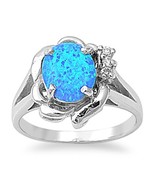 Sterling Silver October Oval Blue Simulated Opal Ring - £47.95 GBP+