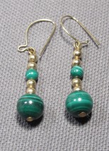 Malachite 8mm Dangle Earrings 3mm Yellow Gold Plated Beads Pierced Wires 1.5&quot; - £12.40 GBP