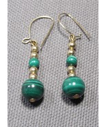 Malachite 8mm Dangle Earrings 3mm Yellow Gold Plated Beads Pierced Wires... - £12.35 GBP