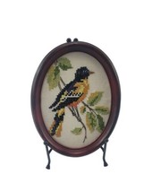Vintage Oval Embroidered Needlepoint Cross Stitched Yellow Bird Wall Han... - $25.69
