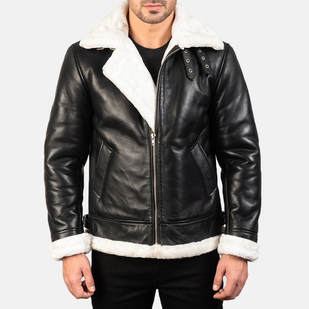 LE Francis Black-White Fur Leather Bomber Jacket