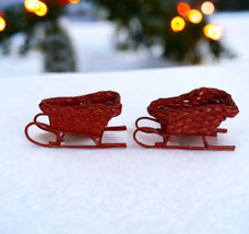 2 Red Wicker Sleigh Christmas Décor 8 in. x 4 in. Planter Red Ornament Hong Kong - £28.82 GBP