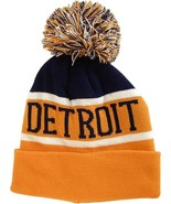 Detroit City Name Wide Stripe Winter Knit Pom Beanie Hat (Navy/Orange) - $27.28 CAD