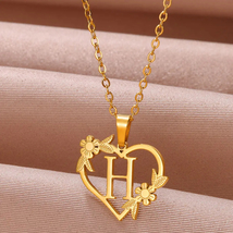 Gold Color Dainty Flower Initials Necklace Women Girl Stainless Steel Heart Lett - £9.55 GBP