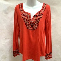 Lucky Brand M Top Orange Southwestern Embroidered Arrow Aztec Peasant Shirt - £15.32 GBP