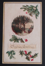 Christmas Greetings Scenic Holly Snow Berries View Embossed Postcard Meeker 1910 - £3.99 GBP