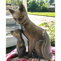 Vintage Sitting Mother Cat with Kitten Brass Style Sculpture 8&quot; Tall Home Decor - £31.43 GBP