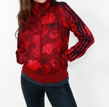 Adidas Firebird Red Black Floral Print Track Top Women Sport Jacket - £43.50 GBP