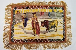 Vintage Tapestry Needlework Table Doily Bull And Matadors Fringed 18x13 - $16.36