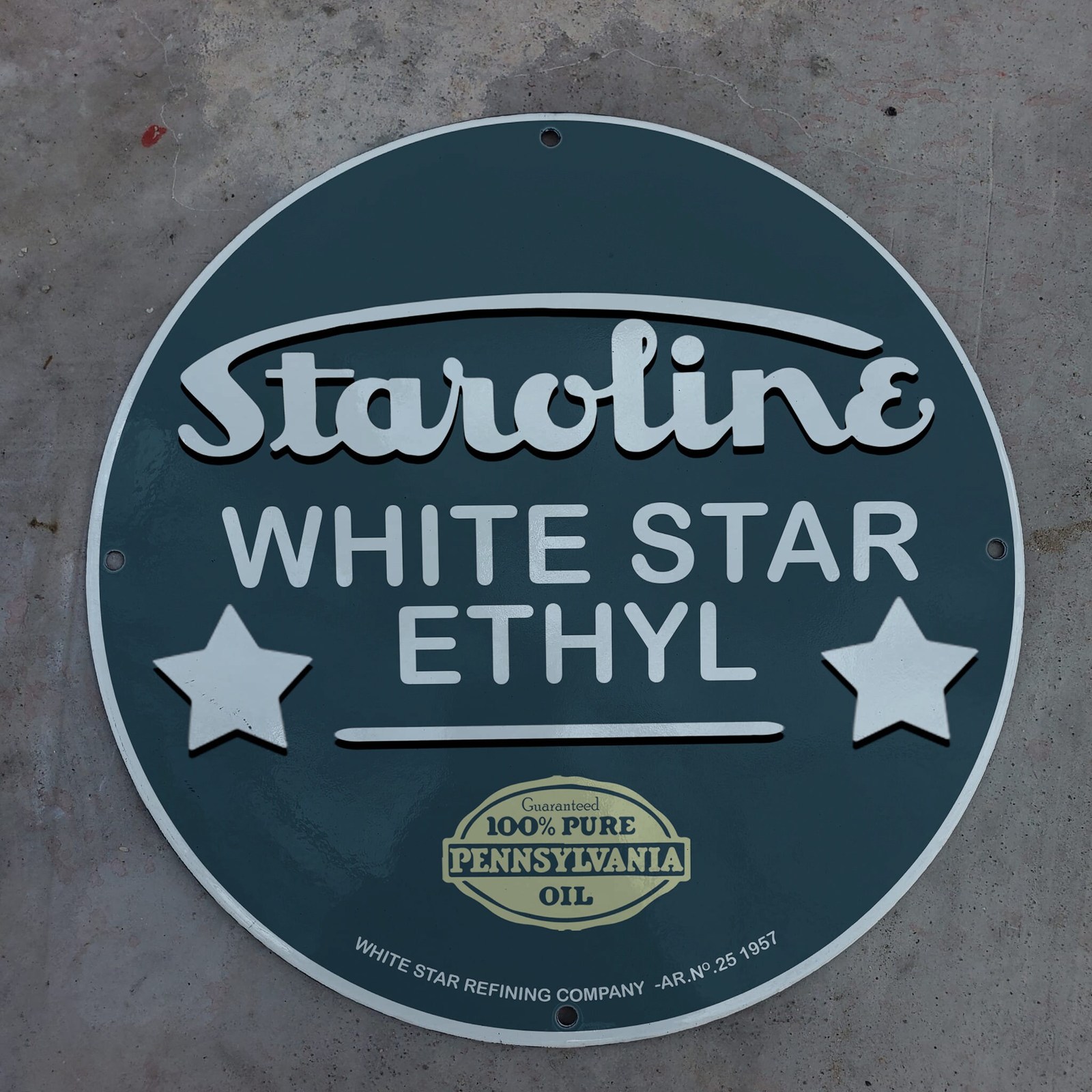 Primary image for Vintage 1957 Staroline White Star Ethyl Refining Oil Porcelain Gas & Oil Sign