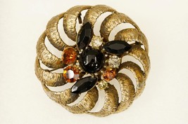 Vintage 1960s Costume Jewelry BSK Black Brown Rhinestone Brooch Flower Pendant - £19.35 GBP