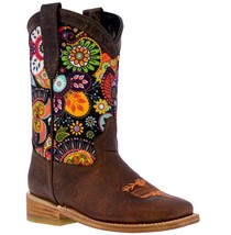 Kids Western Boots Rust Brown Real Leather Paisley Flowers Cowgirl Squar... - £40.98 GBP