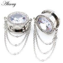 Alisouy 2PCS Stainless Steel Zircon Crystal Chain Pendant Ear Plug Tunnel Expand - £14.24 GBP