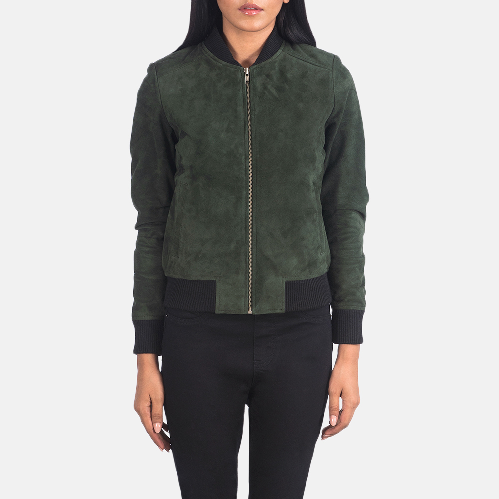 LE Bliss Women Green Suede Leather Bomber Jacket