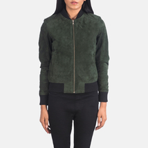 LE Bliss Women Green Suede Leather Bomber Jacket - £108.85 GBP+