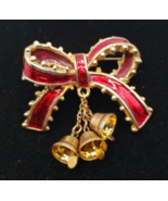 Vintage Red Enamel and Gold Tone Ribbon Bow Brooch w/Hanging Bells - £15.57 GBP
