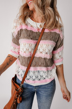 Brown Stripe Color Block Hollow Out Crochet Half Sleeve Sweater - $262.51 MXN