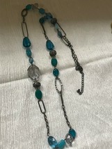 Estate Lia Sophia Signed Long Oxidized Silvertone Chain with Aqua Blue Plastic B - £11.00 GBP