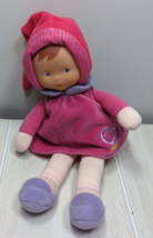 Corolle pink purple plush soft baby doll bonnet hat heart dress vinyl face FLAW - $14.84