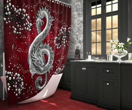 Silver Treble Clef Dragon Shower Curtain, Music Note, Elegant Goth Bathroom, Red - £53.75 GBP