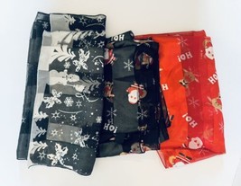 Holiday Christmas Scarves Red Black Santa Reindeer Snowman Lot of Three 58 x 13&quot; - £22.40 GBP
