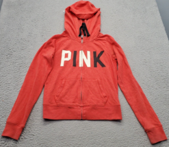 PINK Victoria&#39;s Secret Hoodie Womens XS Orange Fleece Lined Full Zip Drawstring - $18.49