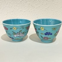 Vintage  Chinese Teacups Teal Inside Colorful  Flowers Painted Set Of 2 - $15.88
