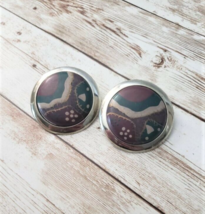 Vintage Clip On Earrings - Large Patchwork Style Circle with Silver Tone Halo - £11.18 GBP