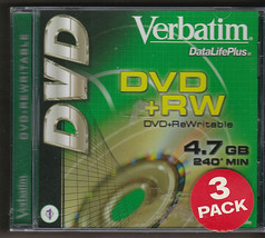 Verbatim DVD+RW 3 Pack 4.7 GB Data 2.4X Speed Rewritable DataLifePlus NEW! - £7.06 GBP