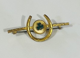 Vintage Gold Tone Horseshoe Green Clover Bar Pin Brooch Made in England - $27.72