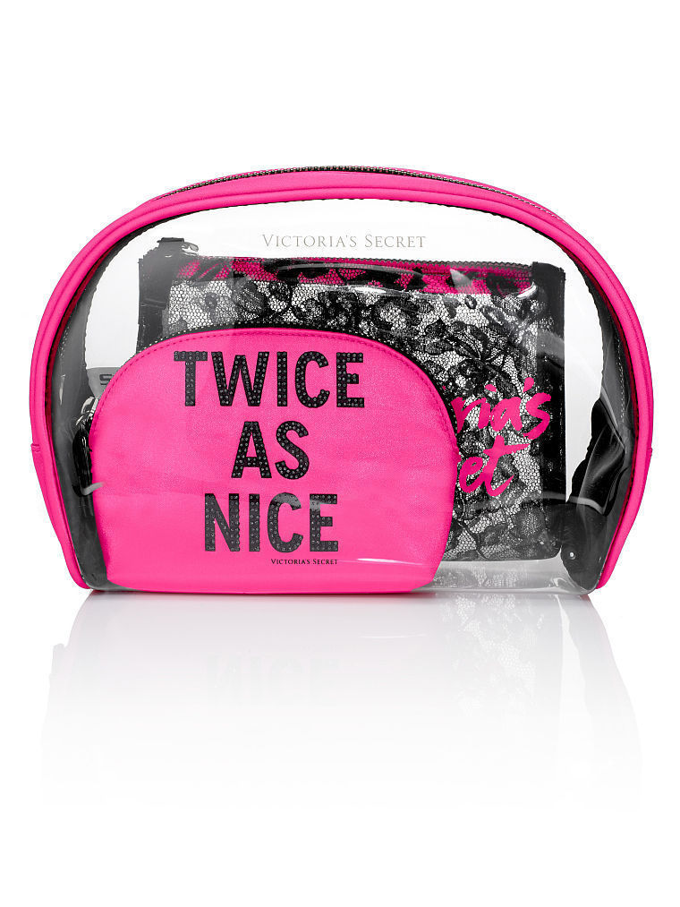 Victoria's Secret Pink Angels Lace TWICE AS NICE Bling Cosmetic Bag Trio Large - $27.72