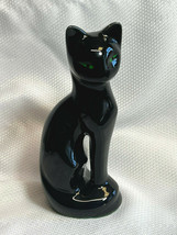 VTG MCM Glossy Ceramic Seated Black Cat Green Eyes Statue Figurine Shelf Sitter - £24.01 GBP