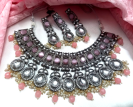 Bollywood Style Indian Antique Black Polish Kundan Pink Necklace Jewelry Set - £113.90 GBP