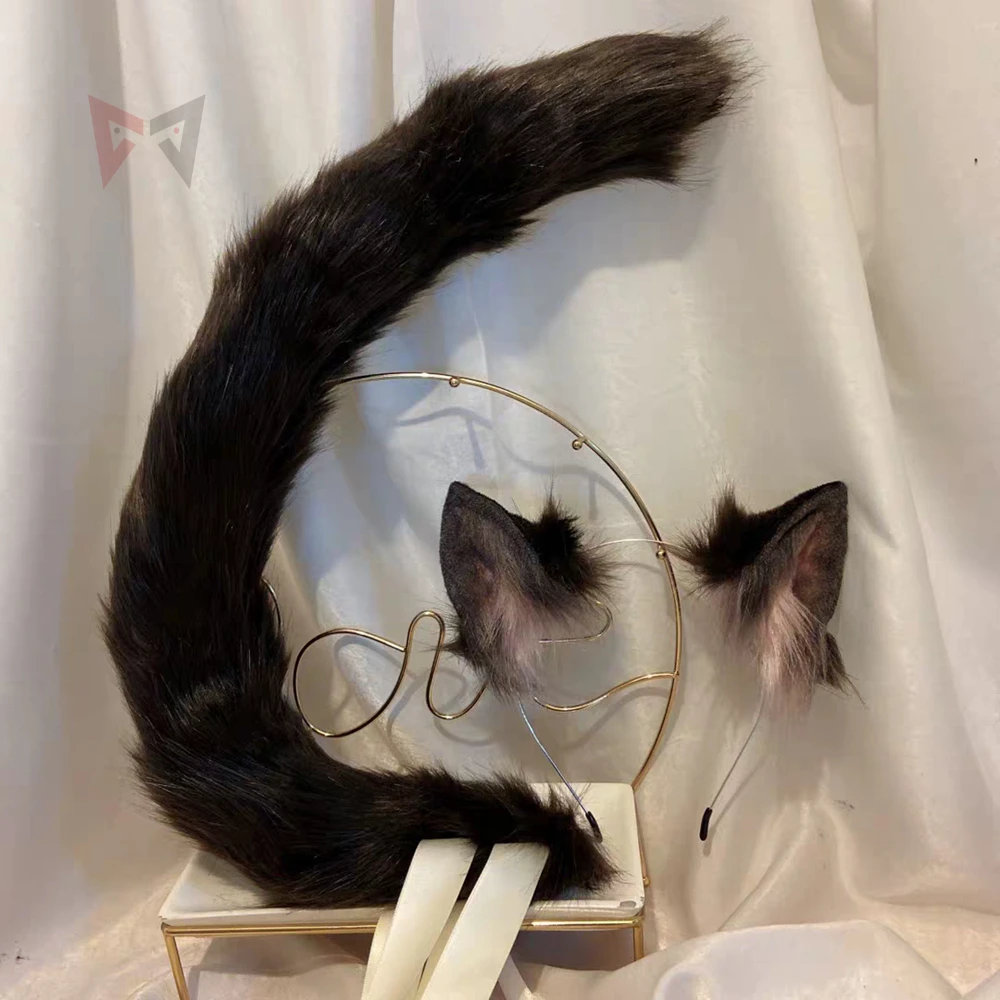 New Dark Brown Cat Ears Tail Beast Hair Hoop Custom Made Hairpin Set For Girl Wo - £189.05 GBP