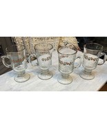 Vtg Christmas Glass Irish Coffee Mugs (4) Gold Rim Holly Berries Red Ribbon - $40.29 CAD