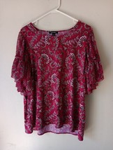 Roz &amp; Ali Women Top 1X Red  Floral Paisley Tiered Ruffle Sleeve Flowy Boho - £11.67 GBP