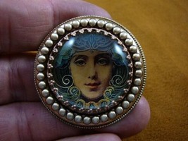 z30-20) Smiling Woman mystical face Czech glass button dot brass brooch pin - £25.40 GBP