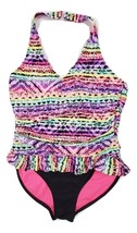 Wonder Nation Women&#39;s One Piece Halter Top Colorful Swimsuit Size Large 10-12 - £3.18 GBP