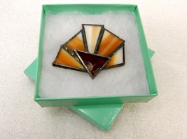 Stained Glass Triangles Brooch Pin, 2.75&quot;, Brown &amp; White, Vintage, #JWL-123 - £11.52 GBP