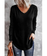 Black Solid Color V Neck Long Sleeve Knit Top - €11,96 EUR