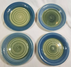 Set of 4 Pier 1 Stoneware Blue Green Swirl Handpainted Bread Plates About 7 1/2&quot; - £13.89 GBP