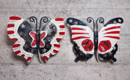 2 Vintage Cut Metal Butterfly Flower Pot Hanging Decorations Red White Blue USA - £7.12 GBP