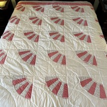 Home Crafted Peachy/Pink Lace &amp; Cotton Grandmothers Fan Quilt 88&quot; x 88&quot; EUC Vntg - £59.24 GBP