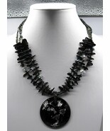 Vtg Triple Strand Shell Bead Statement Necklace Pendant Black Silver Fas... - $20.79 CAD