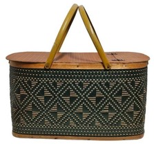 VTG 1950&#39;s RED-MAN Green Picnic Woven Wicker Basket w/Hinged Lid &amp; Divider, USA - £40.44 GBP